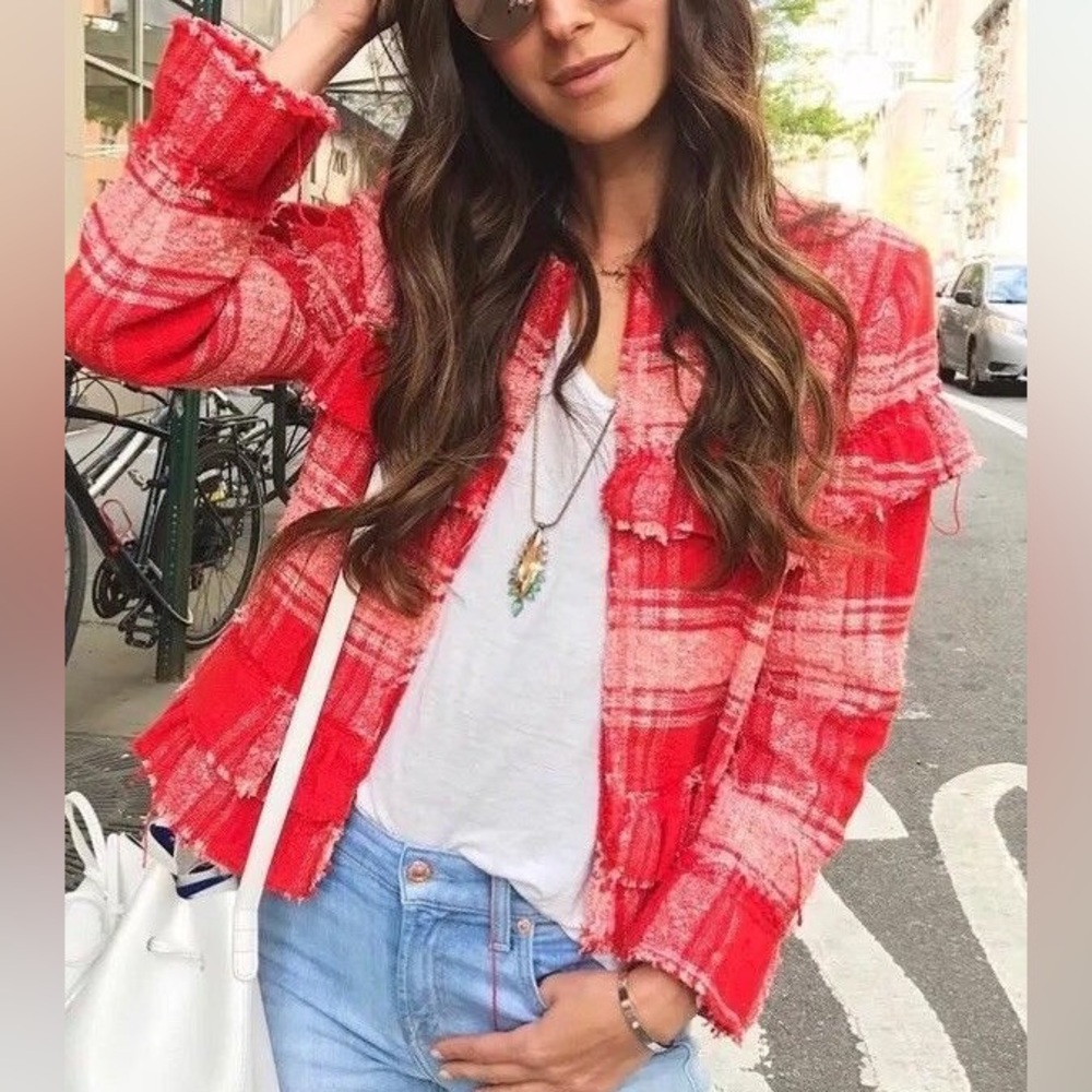 Worn twice Zara Frayed Red Plaid Ruffled Jacket Blazer
